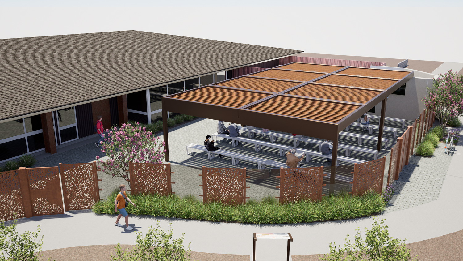Architectural rendering of a library terrace with outdoor seating, accessible walkways, landscaped plantings, and trees.