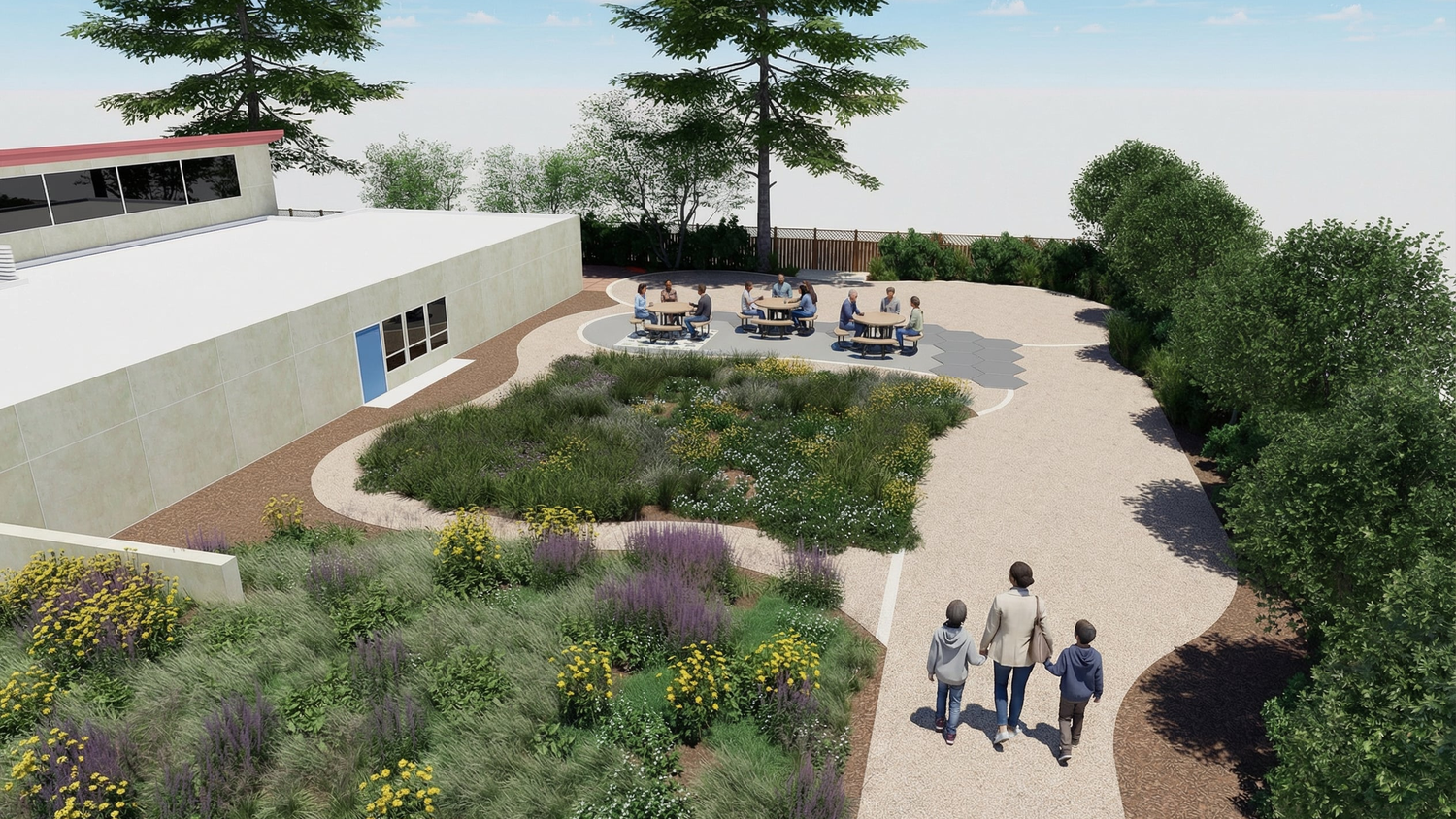 Architectural rendering of a library terrace with native landscaping, accessible pathways, outdoor seating, and families walking through the space.